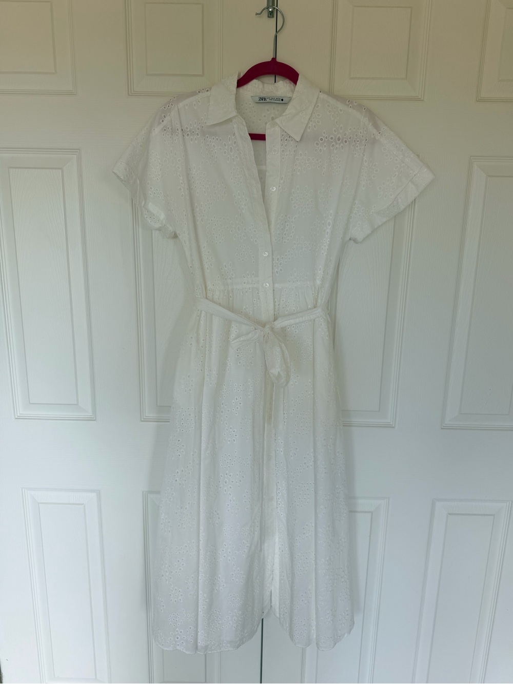Zara White Eyelet Midi Shirt Dress with Waist Tie